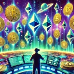 DALL·E 2024-11-17 21.34.27 - Una ilustración futurista y vibrante que representa una 'altseason' en el mundo de las criptomonedas. Muestra gráficos de velas ascendentes en un fond