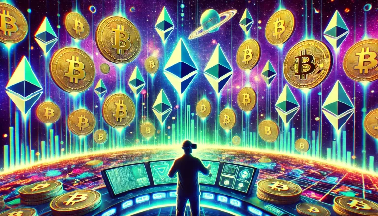 DALL·E 2024-11-17 21.34.27 - Una ilustración futurista y vibrante que representa una 'altseason' en el mundo de las criptomonedas. Muestra gráficos de velas ascendentes en un fond